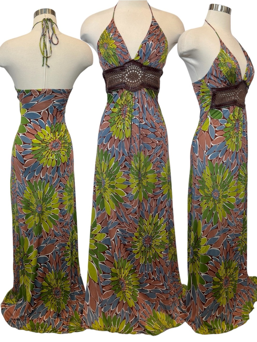 SKY NWT 100% Silk Green Brown Crochet Belt Keyhole Halter Maxi Gown Slip Dress - Picture 9 of 9